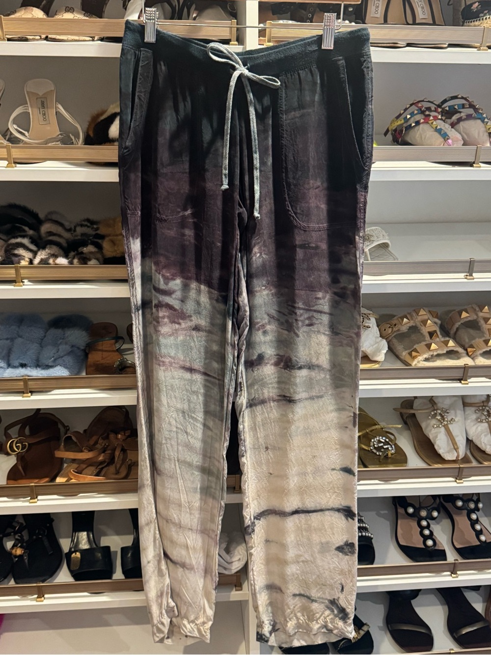 Hard Tail size small tie dye drawstring pant. Navy, purple, and Gray